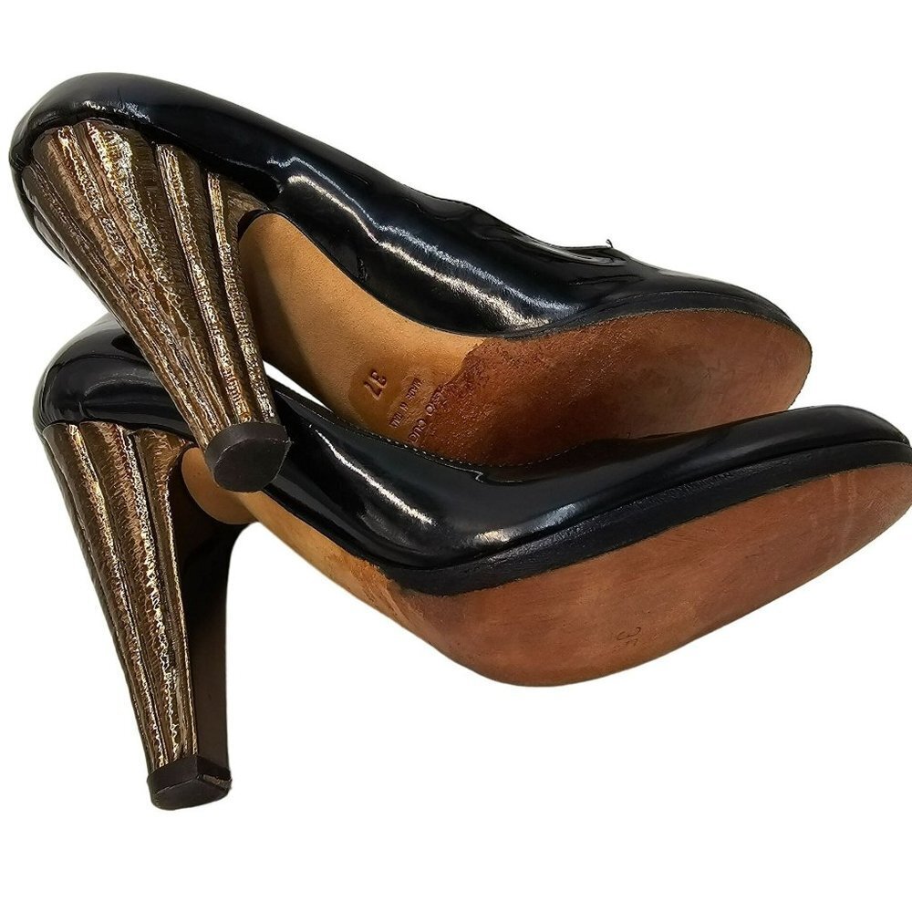 Guiseppe Zanotti Black Heels 7 Patent Leather Luxury Designer Gold Cone Heel 37 - Picture 6 of 16